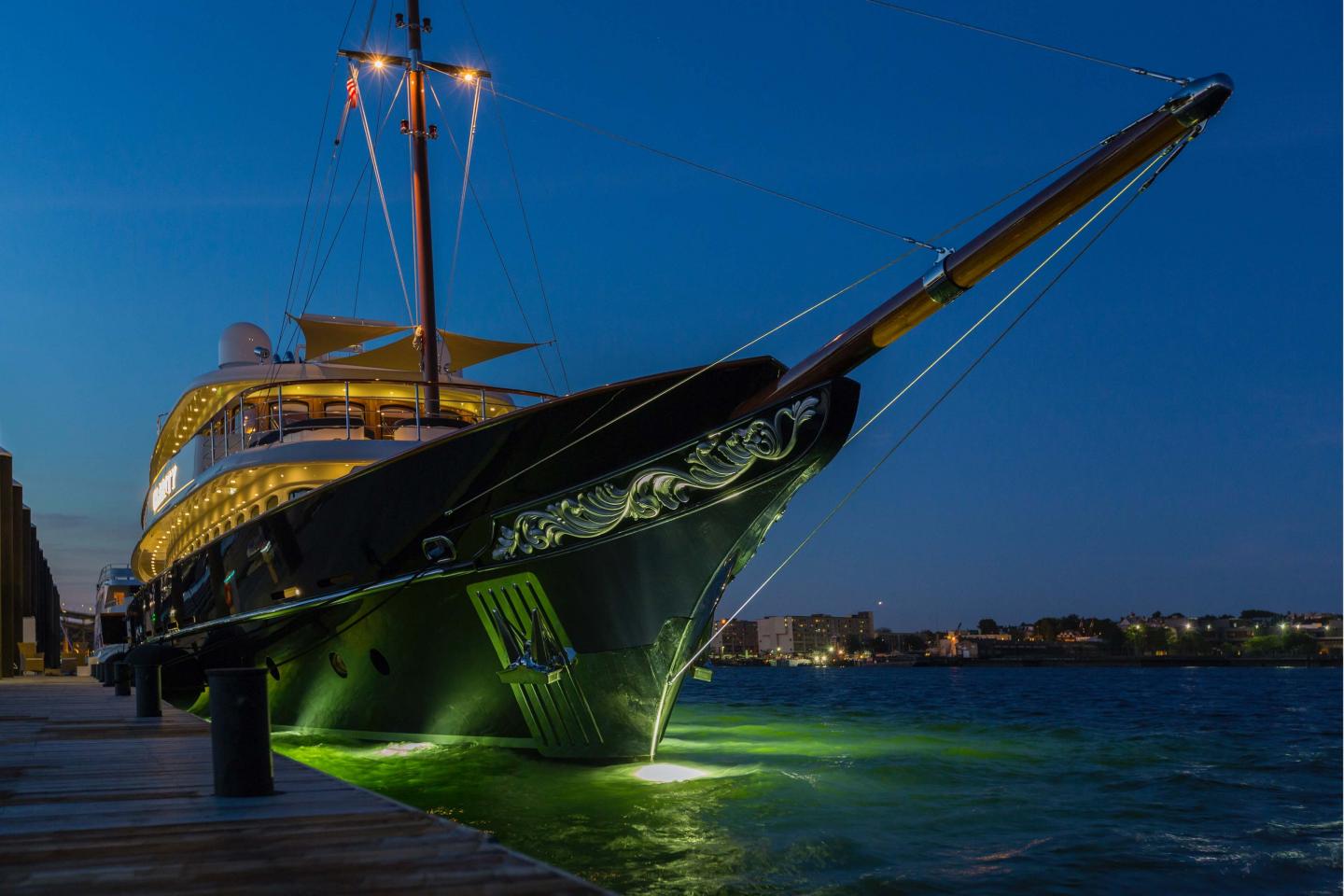 Yacht lit up at night