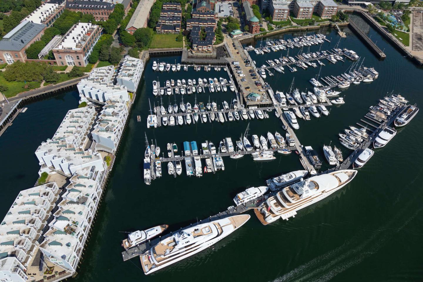 Aerial shot of the marina and Boston city