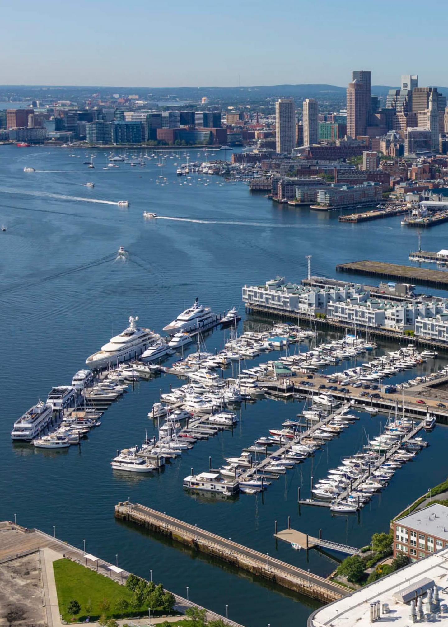 Aerial shot of the marina and Boston city